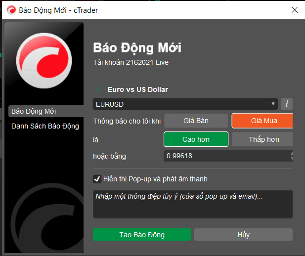 Báo động giá trên cTrader