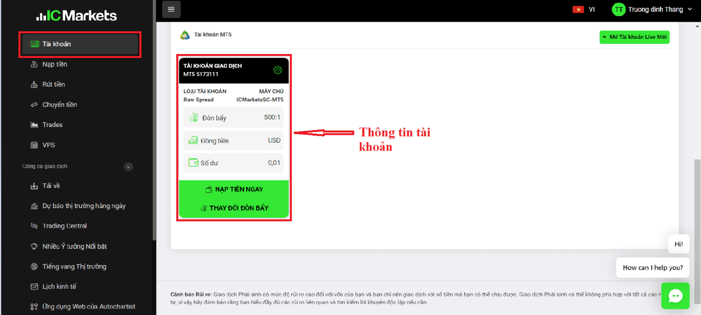Thông tin tài khoản MT5 ICMarkets