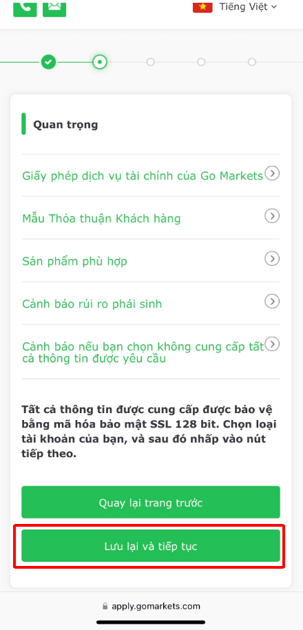 Đọc các cảnh báo và lưu ý tư GO Markets Hướng dẫn mở tài khoản GO Markets chi tiết trên điện thoại