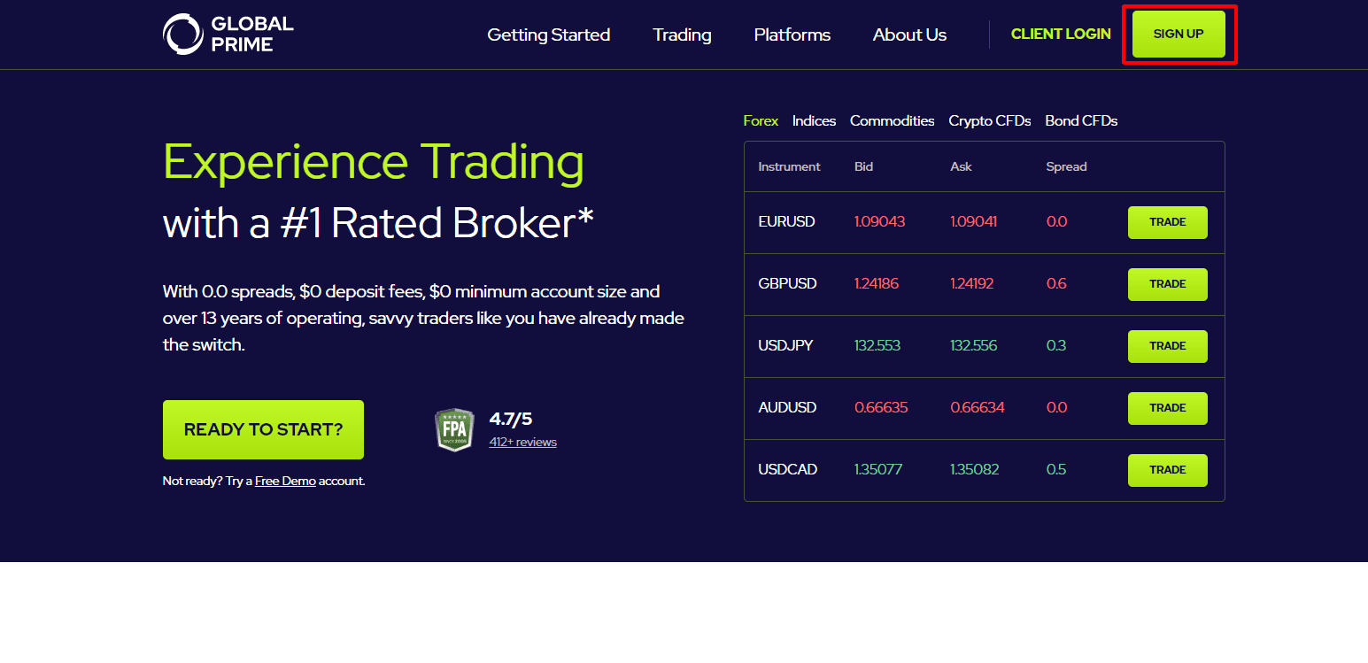 Hướng dẫn mở tài khoản Global Prime chi tiết trên máy tính