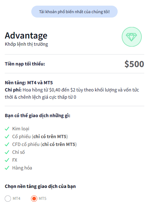 Tài khoản Advantage sàn FXTM