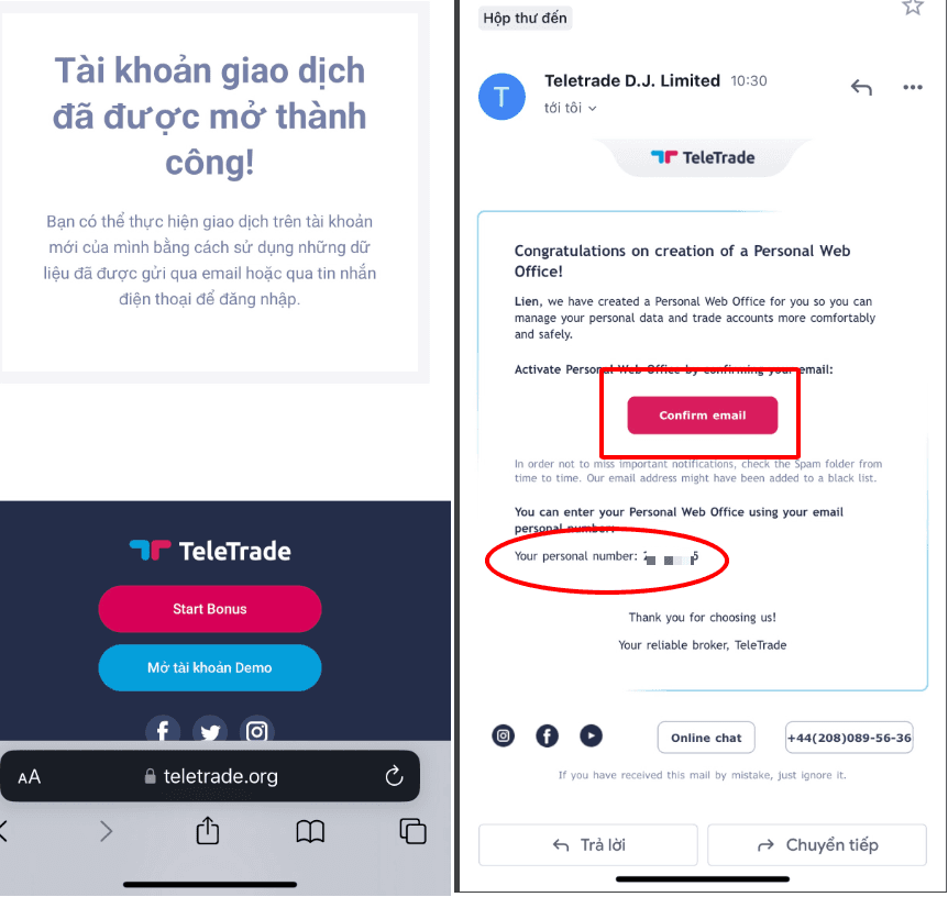 Xác nhận email Hướng dẫn mở tài khoản TeleTrade chi tiết trên điện thoại