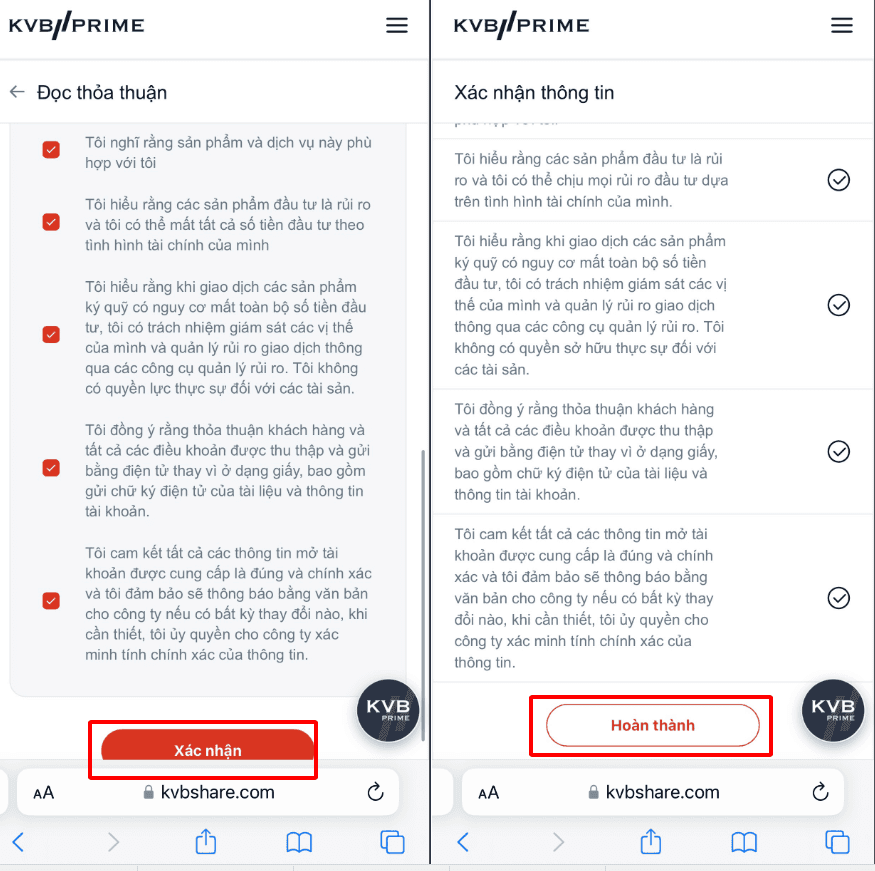 Xác nhận điều khoản và hoàn thành Hướng dẫn mở tài khoản KVB Prime chi tiết trên điện thoại