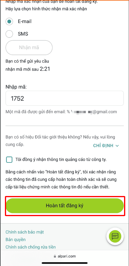 Xác nhận Email Hướng dẫn mở tài khoản Alpari chi tiết trên điện thoại
