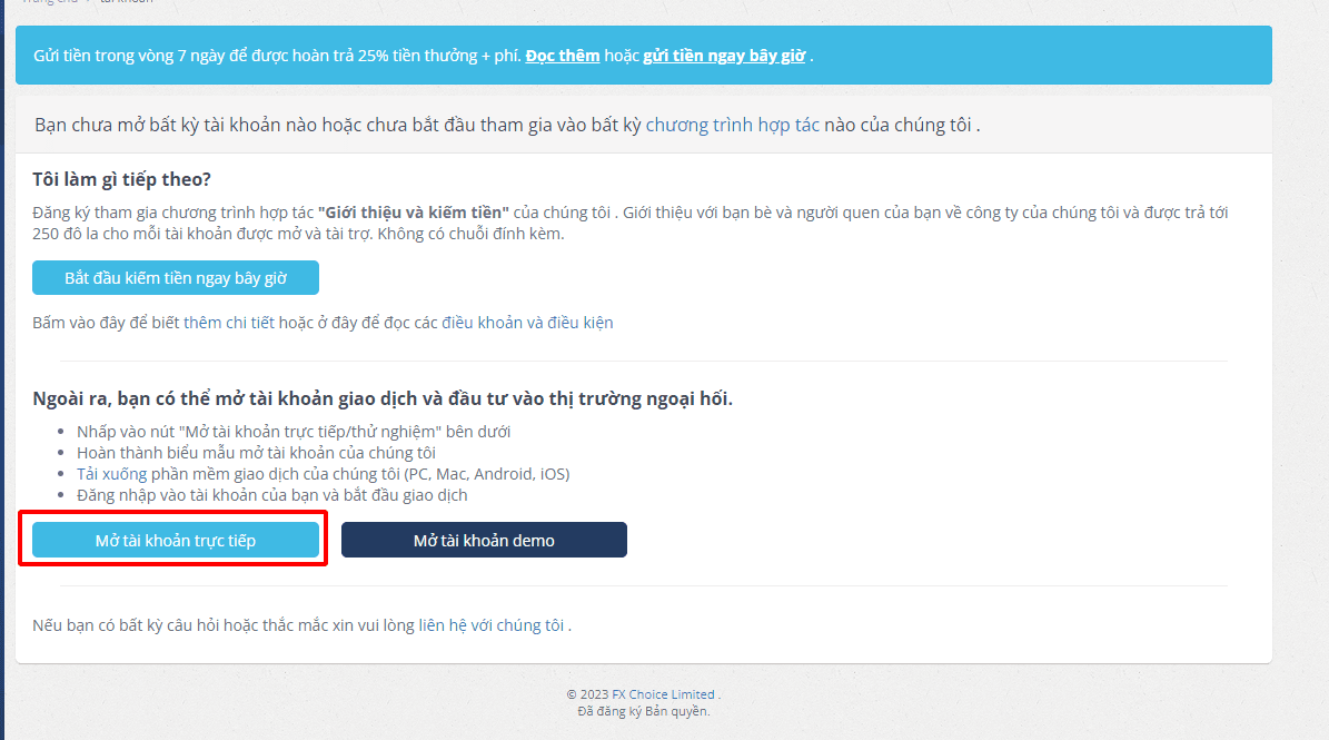 Hướng dẫn mở tài khoản giao dịch FXChoice mới