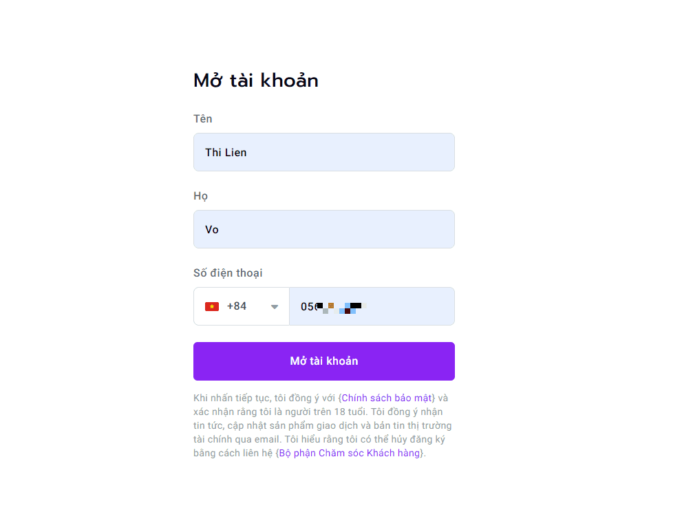 Điền Họ tên & SĐT mở tài khoản MTrading Hướng dẫn mở tài khoản MTrading chi tiết trên máy tính