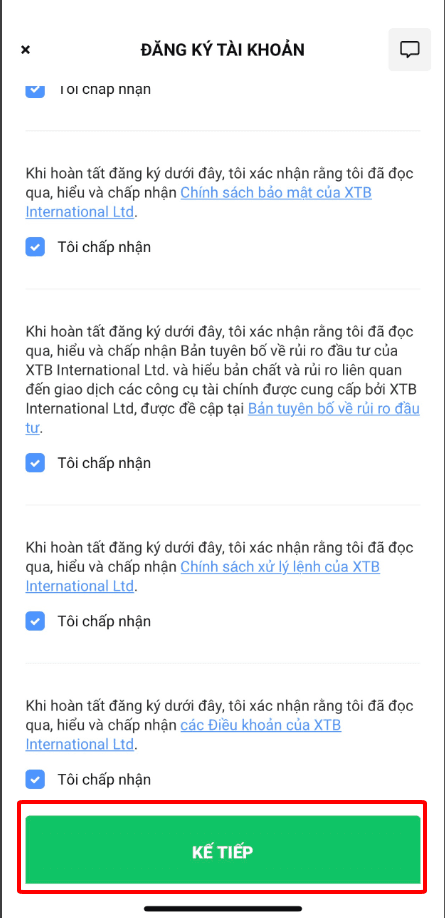Xác nhận điều khoản Hướng dẫn mở tài khoản XTB chi tiết trên điện thoại