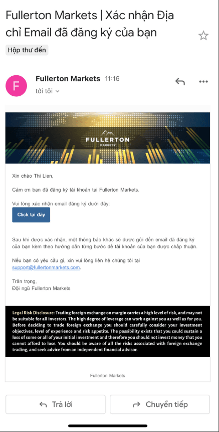 Xác nhận Email - Hướng dẫn mở tài khoản Fullerton Markets