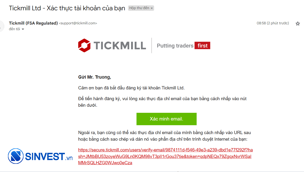 Xác thực Email mà Tickmill gửi cho bạn
