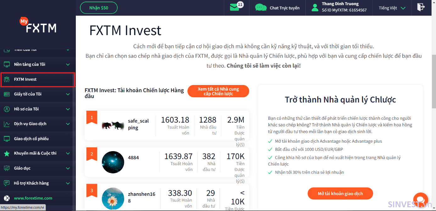 Giao diện nền tảng FXTM – Invest