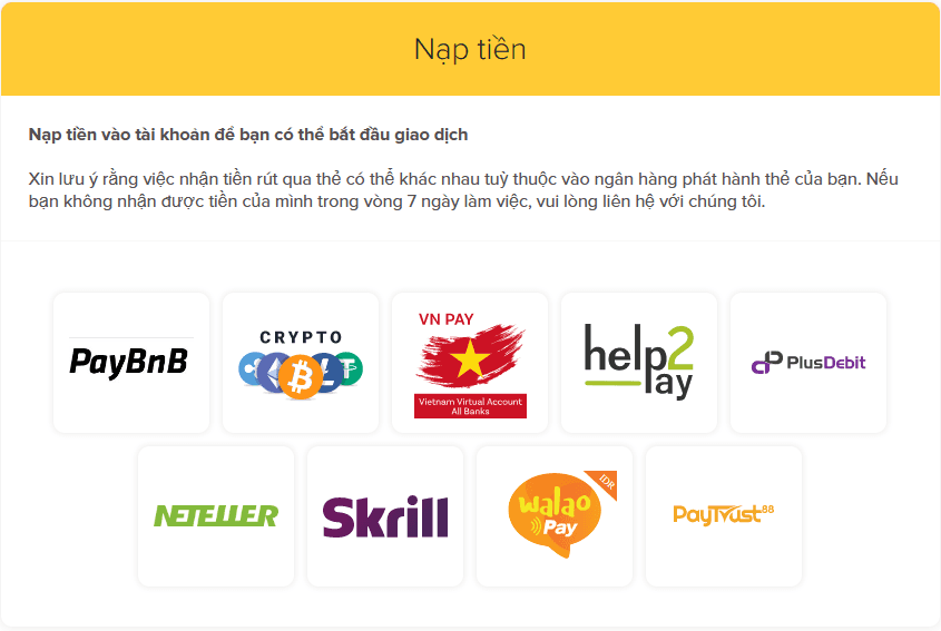 Các phương thức nạp tiền