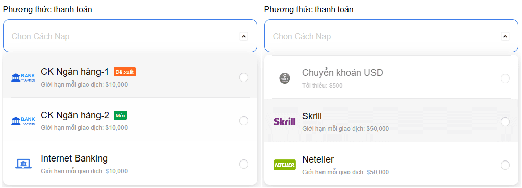 Các cổng nạp tiền sàn Mitrade
